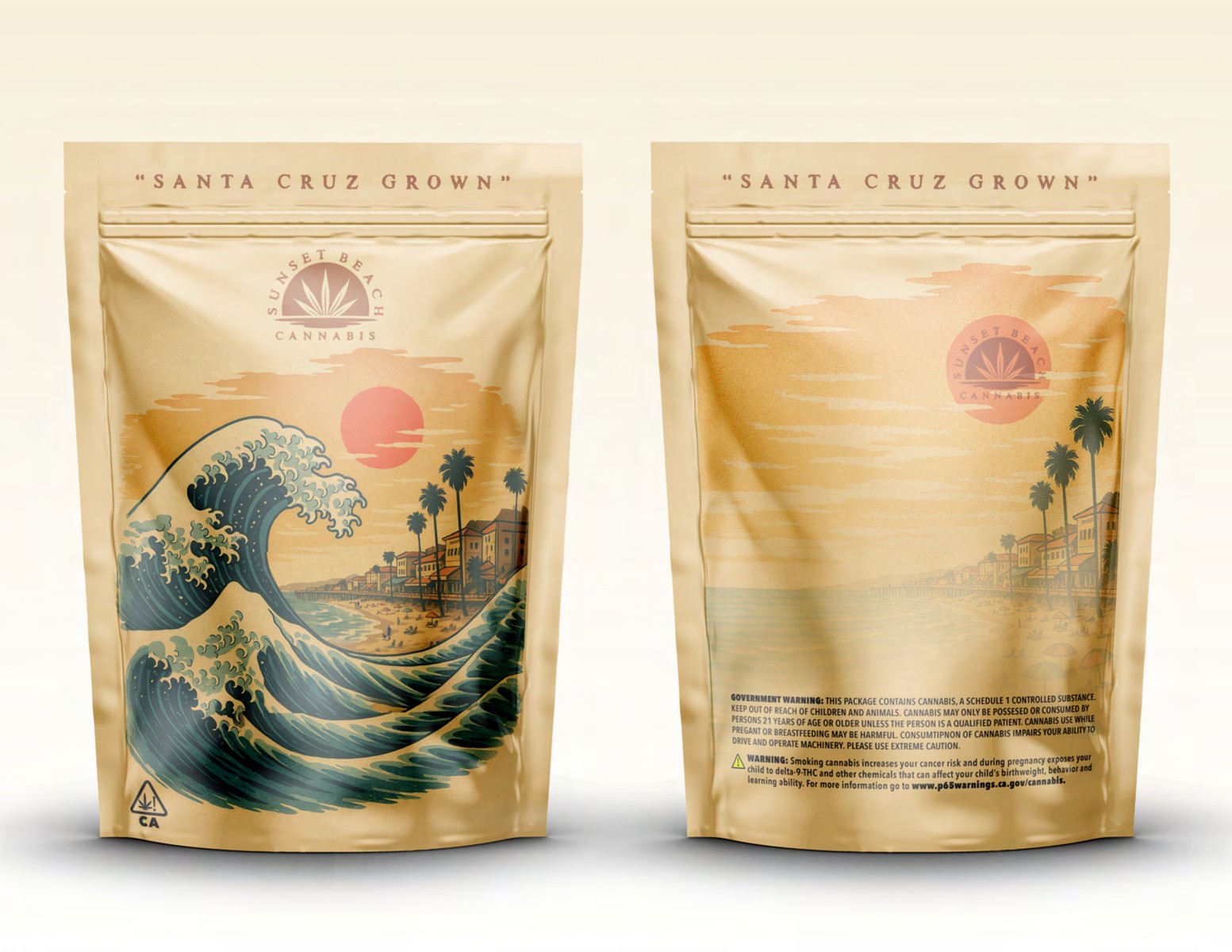 Sunset Beach Cannabis Santa Cruz Grown packaging — front and back