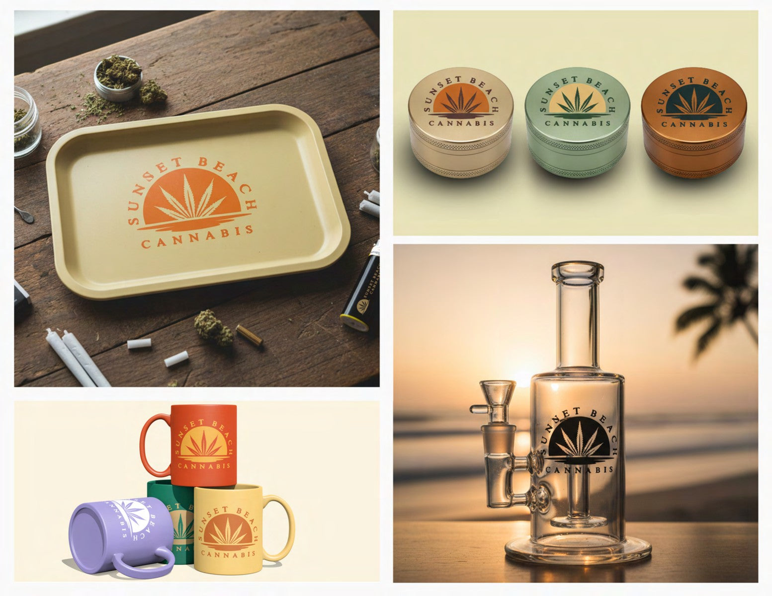 Sunset Beach Cannabis branded trays, grinders, mugs, and glassware